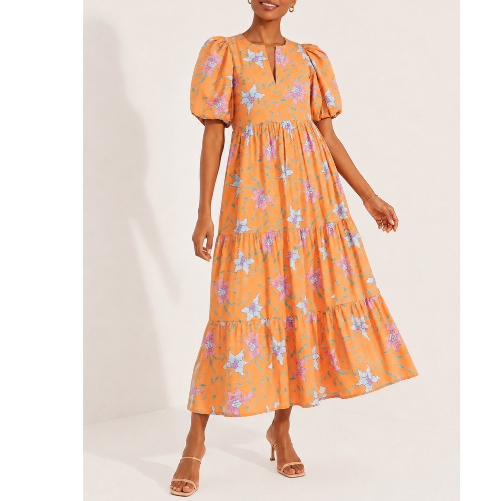 Hyacinth House Cisco Maxi Dress Small Orange Floral Puff Sleeve Resort Boho Chic